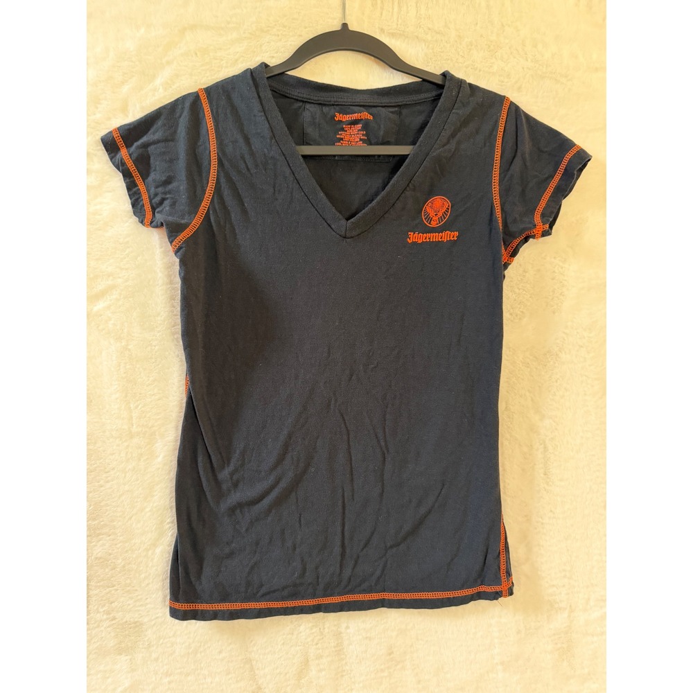 Jagermeister V-Neck Graphic T-Shirt Womens Size S/M Black Orange Stitch Cotton